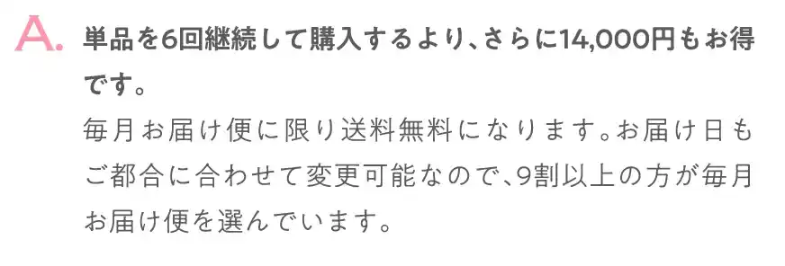 単品6回継続して購入するより、さらに14000円もお得です。